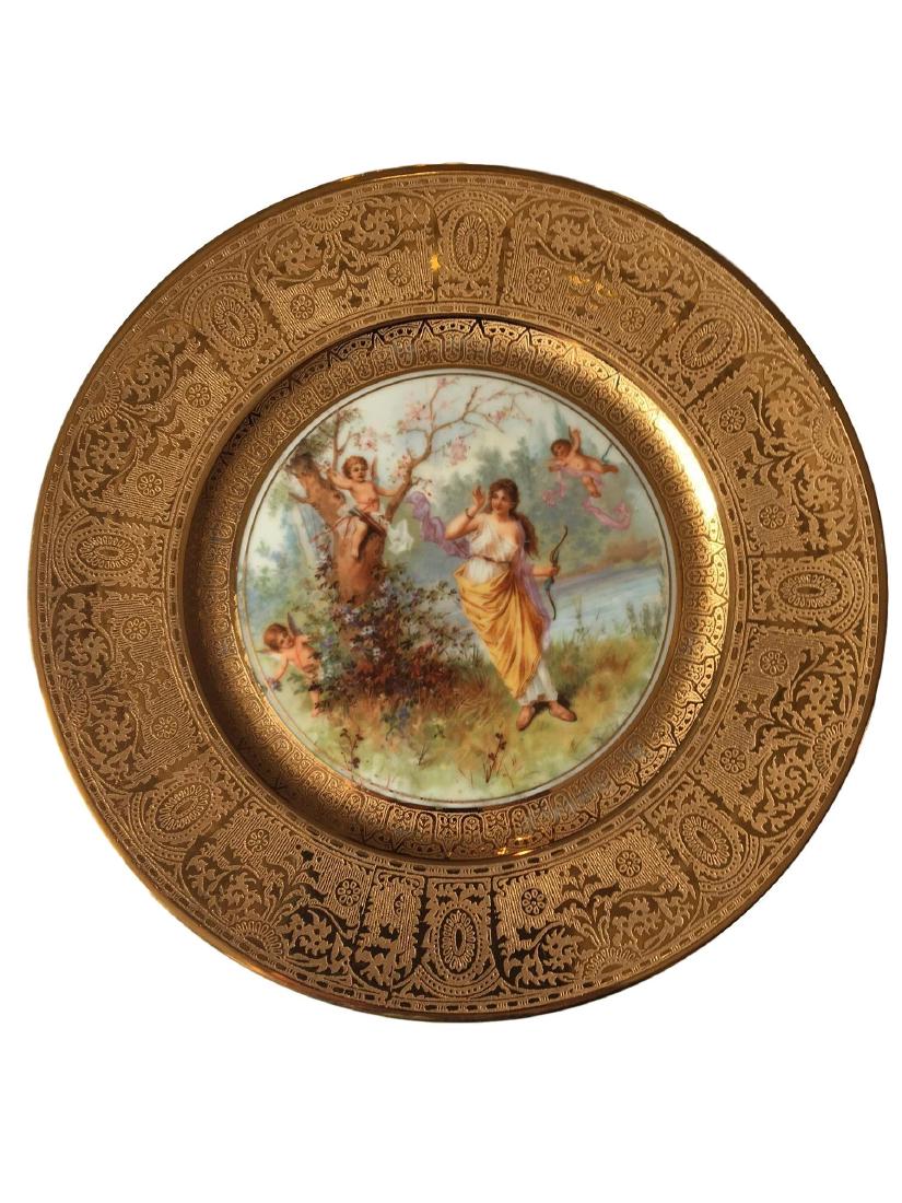 Royal Vienna Style Plate 22K gold: Royal Vienna Style Plate. Heavily embossed with 22k gold around rims and with Neo Classical scene at center. Each measures 10.5 inches in diameter.