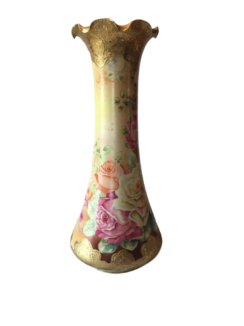 Large Antique Nippon Floor Vase: Beautifully Hand paitned Nippon Vase, decorated with flowers and gilded throughout. Height 17 1/2"