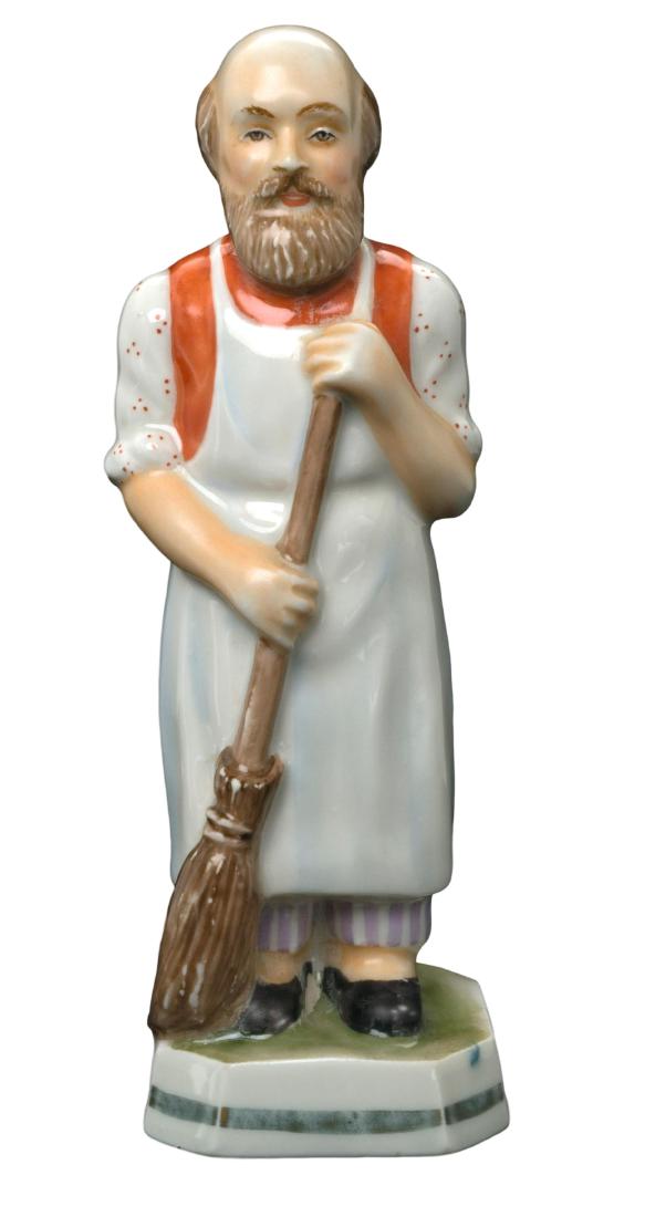 Antique Russian Porcelain figure of a Yard Keeper: Yard Keeper (Dvornik) Adapted from the Magic Lantern Series Safronov Porcelain Factory (1814–1860s) founded by the peasant Anton Trofimovich Safronov in the village of Korotkaya, Bogorodsk uyezd, Mo