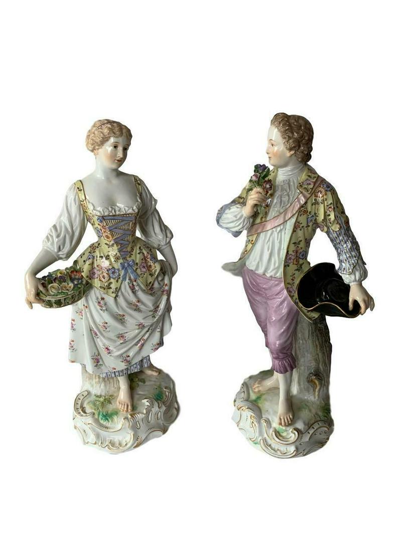Rare Large Antique Meissen Porcelain Pair: LATE 19TH CENTURY, BLUE CROSSED SWORDS MARK, INCISED MODEL G112 and G113, A pair of Meissen porcelain standing figures of young lovers in 18th Century dress, the young man wearing a floral jacket and