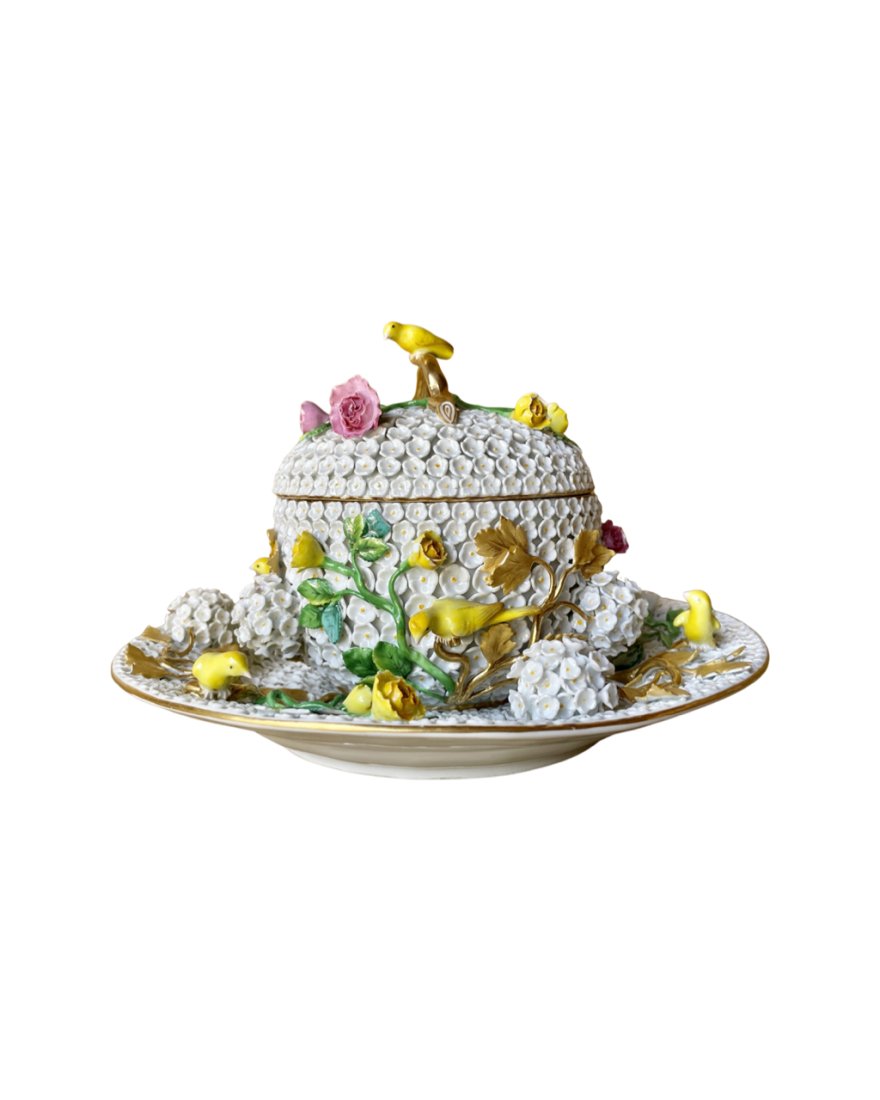 Rare 19th C. Meissen Schneeballen Snowball Covered Bowl & Plate W/ Birds (1 of 6)