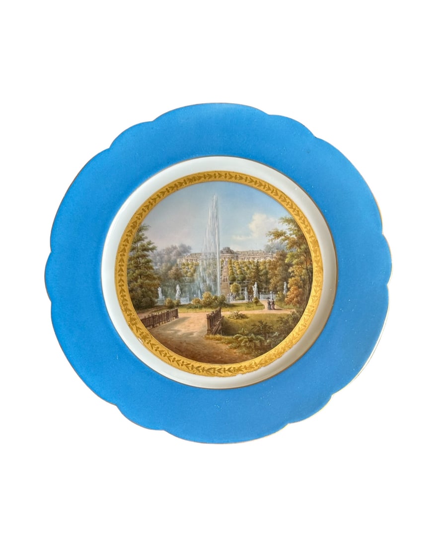 RARE ANTIQUE KPM PORCELAIN TOPOGRAPHICAL PLATE: Antique Berlin KPM porcelain plate Berlin K.P.M. Porcelain plate expertly painted scene of Sanssouci fountain stamped en verso KPM, 9 3/4"D Excellent condition, no chips or restorations.