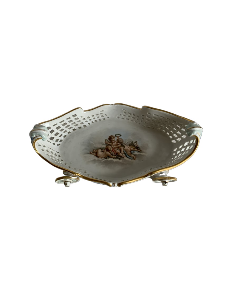 Rare Antique Meissen Porcelain pierced basket on wheels (1 of 4)