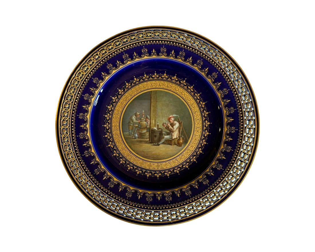 ANTIQUE MEISSEN PORCELAIN COBALT-BLUE GROUND RETICULATED CABINET PLATE (1 of 4)
