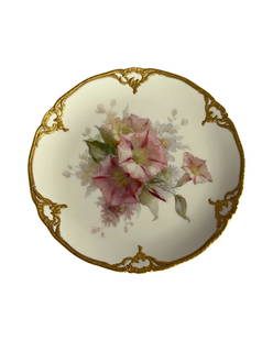 ANTIQUE KPM PORCELAIN FLORAL PLATE: Antique Berlin KPM porcelain plateLate 19th century, BLUE SCEPTRE MARK ABOVE IRON CROSS, VARIOUS IMPRESSED NUMERALSDecorated with flowers border enhanced in gilt, dimensions 8 3/4" Condition: No