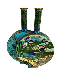 Chinese Cloisonne Double Moon Flask Vase: A most unusual shape, overlapping double moon form, flask decorated with elaborate outdoor landscape with deer and crane in flight, the second with birds in branches, images reversed on back. 14.5"