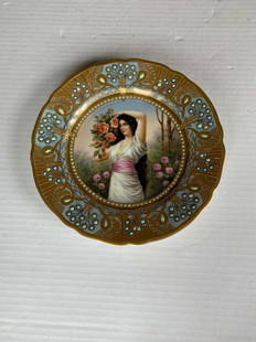 Antique Royal Vienna Porcelain Portrait Hand Painted Plate: ROYAL VIENNA HAND PAINTED PLATE 19TH CENTURY, Titled Rosenreit and impressed Hutschenreuther numbered, Finely Hand-painted full length portrait of a maiden with roses , within a jeweled gilt border