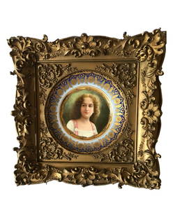 Antique Royal Vienna Porcelain Portrait Hand Painted Plate: ROYAL VIENNA HAND PAINTED PLATE 19TH CENTURY, Titled Ingrid and impressed Hutschenreuther numbered, Finely Hand-painted within a cobalt gilt border Diameter: 9 3/4" diameterFramed: 18" x