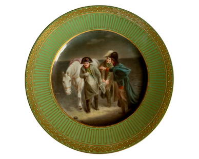 Antique Royal Vienna Porcelain Napoleon Hand Painted Plate Singed Wagner: ANTIQUE ROYAL VIENNA HAND PAINTED NAPOLEON PLATE Late 19th Century, impressed Hutschenreuther maker's mark, signed WagnerFinely painted Napoleonic scene titled 'Le Loir de Waterloo', on a raised