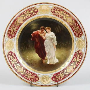 Antique Royal Vienna Dresden Porcelain Hand Painted Signed: ROYAL VIENNA HAND PAINTED PLATE 19TH CENTURY, Underglaze Beehive and impressed Hutschenreuther numbered, Finely Hand-painted scene depicting Spring, signed Ward, within a gilt border Diameter: 9