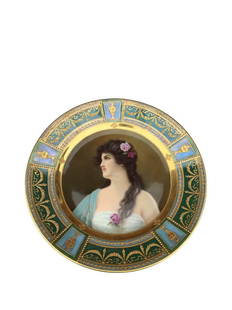 Antique Royal Vienna Porcelain Portrait Hand Painted Plate: ANTIQUE ROYAL VIENNA HAND PAINTED PORTRAIT PLATE Late 19th Century, underglaze Beehive mark and impressed Hutschenreuther maker's mark Finely painted portrait, on a raised gilt detailed emerald