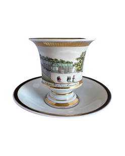 Antique KPM Topographical cup and saucer: View cup with saucer, KPM Berlin, early 19th c., 1st choice, bell-shaped, rich gold decoration (slightly rubbed), overall h. ca. 12 cm