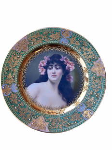 Antique Royal Vienna Porcelain Hand Painted Portrait Plate: ANTIQUE ROYAL VIENNA HAND PAINTED PORTRAIT PLATE Late 19th Century, undergalze blue beehive mark and impressed Hutschenreuther maker's markFinely Hand-painted Portrait on a raised gilt detailed to bor