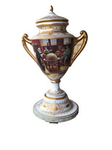 Antique ROYAL VIENNA PORCELAIN COVERED URN: ROYAL VIENNA PORCELAIN COVERED URN Late 19th/Early 20th Century Extensive gilt decoration on white porcelain. Hand-painted front panel depicts "Milton's Besuch Bei Galilei" (Milton's Visit with