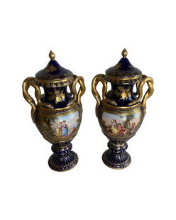 Rare Antique Meissen porcelain pair of mythological vases: A MEISSEN PORCELAIN PAIR OF MYTHOLOGICAL VASESCIRCA 1880, BLUE CROSSED SWORDS MARK, INCISED NUMBERS, PRESSNUMMER 146Each vase with snake handles and gilded through out, each side finely painted with