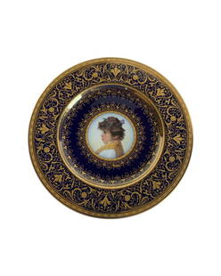 Antique Royal Vienna Porcelain Portrait Hand Painted Plate: Vienna Porcelain Hand Painted Portrait Plate Signed Wagner. Deep blue ground borders and extensive gilt rims of Florentine scrolls and foliate designs. Finely pained portrait of Marie Roland