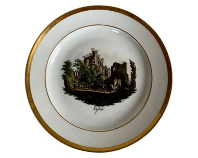 Antique Meissen Porcelain topographical plate: ANTIQUE MEISSEN TOPOGRAHICAL PLATELate 19th century, blue crossed swords marks, various impressed numeralsFinely painted rural landscapes within a gilt surround, Tilted Oybin, Signed