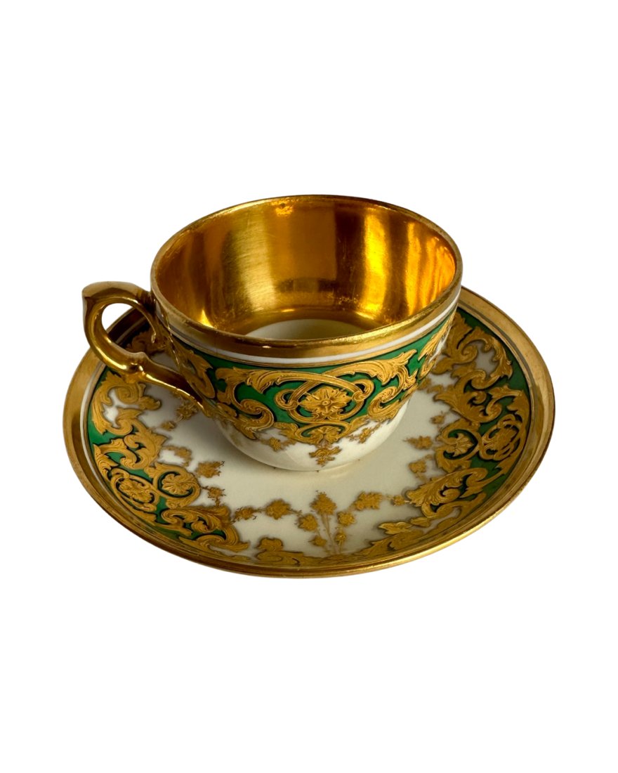 Antique russian imperial porcelain cup and saucer: Antique, vintage Rare Museum Quality DisplayExquisite Heaviest Gold Encrusted Baroque Porcelain Cup & Saucer Dimensions / DiameterSaucer - 5.75" in, Cup - 3" inSet Height - 2.50" in