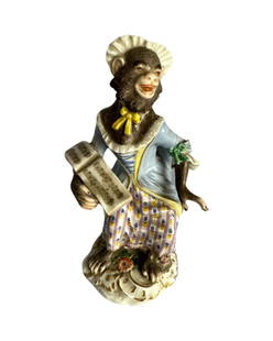 Meissen porcelain monkey band figure: Meissen porcelain monkey band figure, a female vocalist. 20th century. scroll molded base with gilt edges. Blue crossed swords mark under glaze on base. Vocalist: 5" x 2 3/4".