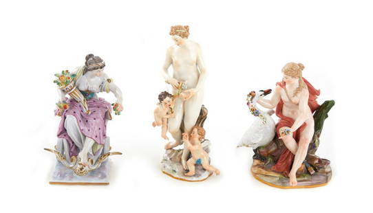 Meissen Porcelain Mythological Figural Groupings: Meissen Porcelain Mythological Figural Groupings 19th/20th century, comprising:Venus with Cupid and Putto, incised A65 impressed 92; H9"Fortuna, incised M195, impressed 86; H7 1/4"Leda and Swan,