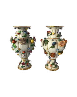 ANTIQUE PAIR OF MEISSEN FLOWER AND FRUIT-ENCRUSTED VASES: A PAIR OF MEISSEN FLOWER AND FRUIT-ENCRUSTED VASES, LATE 19TH CENTURYcrossed swords marks in underglaze-blue, one with incised numeral 1916.height 10 1/2 in.ConditionEXCELLENT, NO CHIPS, NO CRACKS