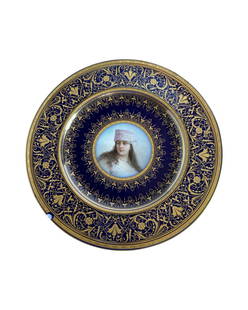 Antique Royal Vienna Porcelain Portrait Hand Painted Plate: Vienna Porcelain Hand Painted Portrait Plate Signed Wagner. Deep blue ground borders and extensive gilt rims of Florentine scrolls and foliate designs. Finely pained portrait signed Franz WagnerVienna