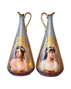 Antique Royal Vienna Pair of Vases: ANTIQUE ROYAL VIENNA HAND PAINTED PORTRAIT Vases Late 19th Century Finely painted portrait, on a raised gilt detailed border. Blue Beehive mark. Height: 9 1/2"