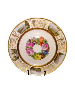 Antique KPM topographical plate: Antique Berlin KPM porcelain plate 19th century, BLUE SCEPTRE MARK , VARIOUS IMPRESSED NUMERALS Decorated with flowers and topographical scenes border enhanced in gilt, dimensions 9 3/4" Condition: