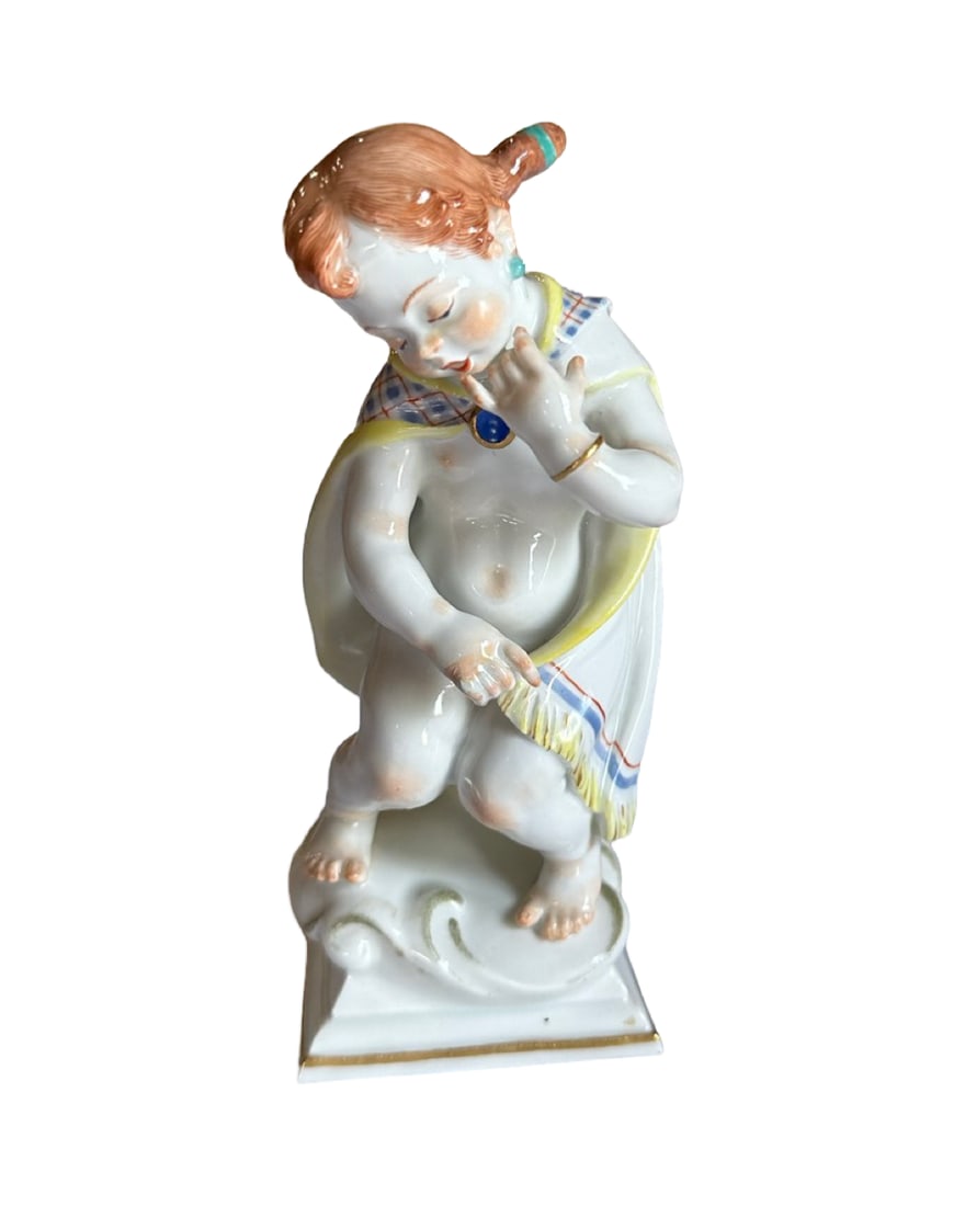MEISSEN PORCELAIN FIGURINE DEPICTING VIRGO: Meissen porcelain figure depicting on of the Zodiac signs: Virgo, ca. 1940's. Modeled by "Thein". Maked on the bottom with Meissen swords in blue ink under glaze.Dimensions: H: 5 3/8 in., (13.5 cm.)