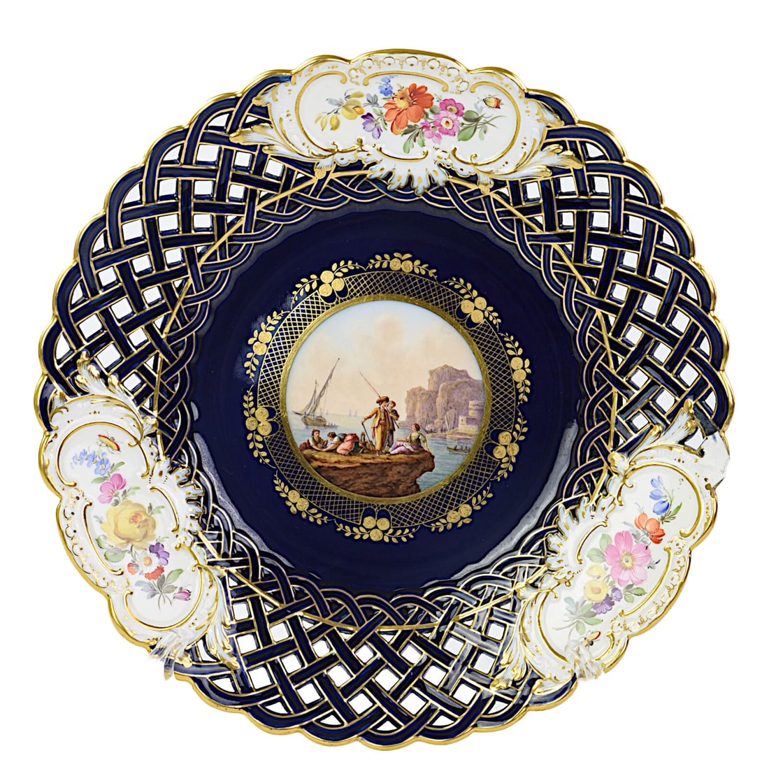 ANTIQUE MEISSEN PORCELAIN COBALT-BLUE GROUND RETICULATED CABINET PLATE (1 of 3)