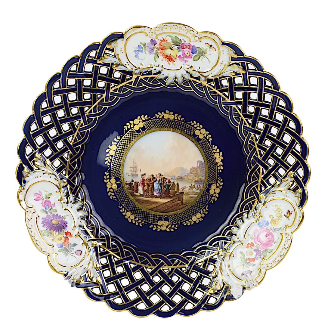ANTIQUE MEISSEN PORCELAIN COBALT-BLUE GROUND RETICULATED CABINET PLATE (1 of 3)