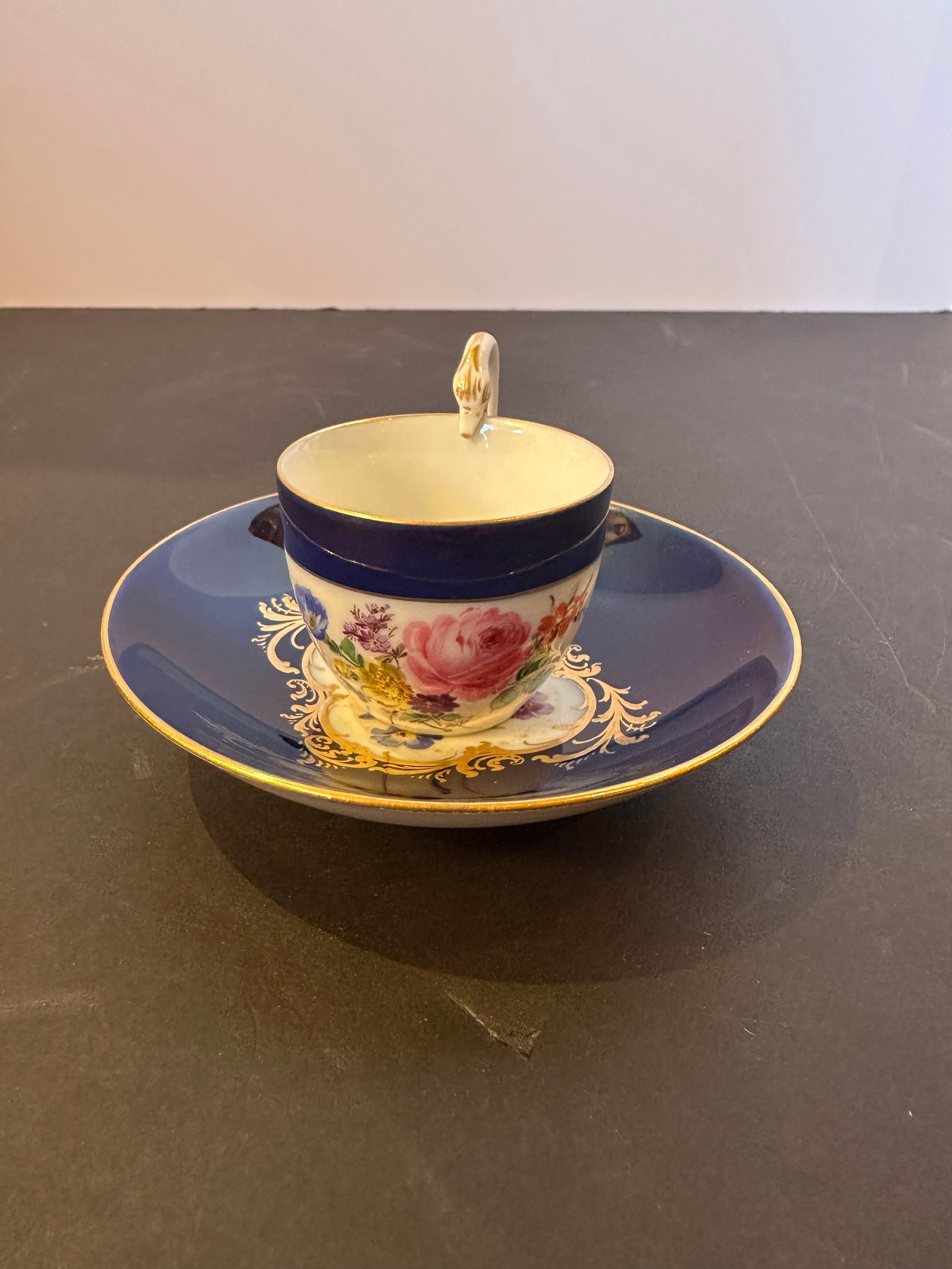 Meissen Antique Gold Flower Pattern Cobalt Mocha Cup & Saucer: Late 19 th century Width:11 cm (4.4 in)Height:6 cm (2.4 in)Depth:11 cm (4.4 in)