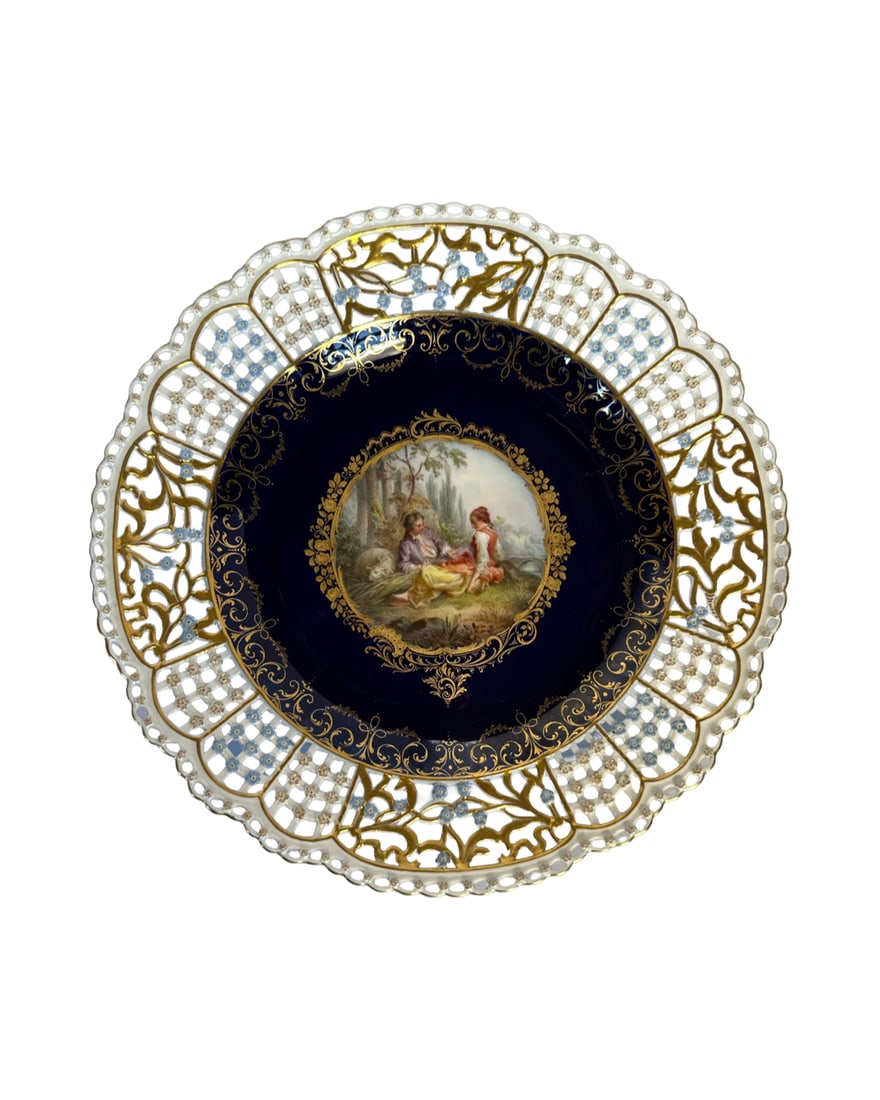 ANTIQUE MEISSEN PORCELAIN COBALT-BLUE GROUND RETICULATED CABINET PLATE (1 of 5)