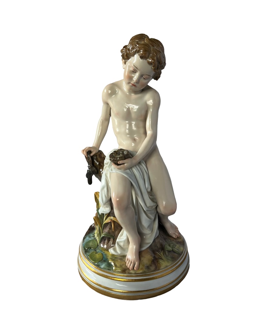 RARE ANTIQUE MEISSEN LARGE FIGURE OF A BOY WITH BIRD (1 of 5)