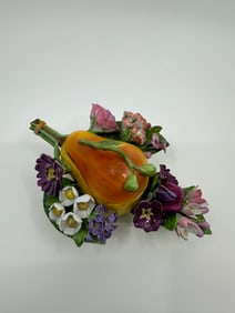 Rare Antique Meissen  box in the shape of a pear surrounded by a field of flowers