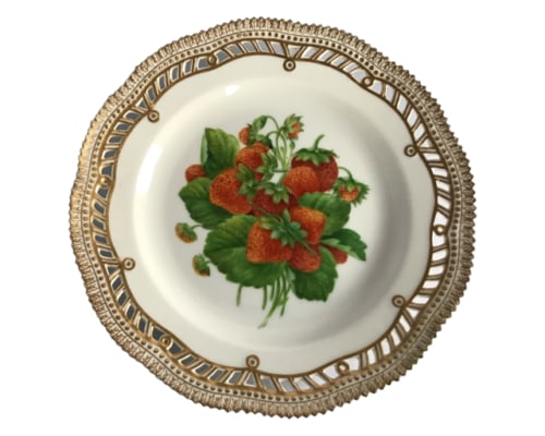 ANTIQUE ROYAL COPENHAGEN PORCELAIN FRUIT PLATE: 19TH CENTURY, BLUE WAVE AND GREEN PRINTED MARKS, SHAPE NO. 3584, PATTERN NO. 429, Each finely painted with a fruit, identified in Latin on the reverse, within a pierced, 'Flora Danica' style gilt bead