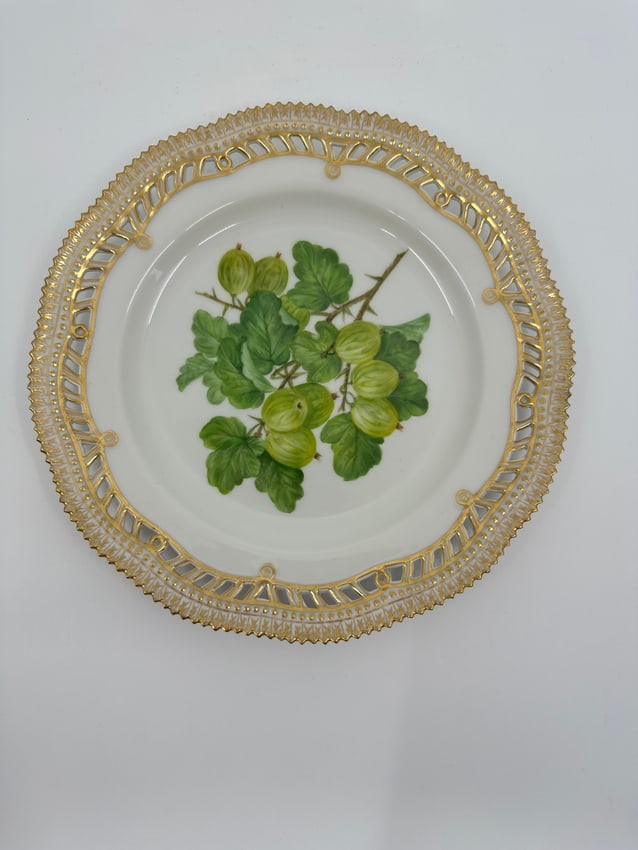 Antique Royal Copenhagen Porcelain Fruit Plate: 19TH CENTURY, BLUE WAVE AND GREEN PRINTED MARKS, SHAPE NO. 3584, PATTERN NO. 429, Each finely painted with a fruit, identified in Latin on the reverse, within a pierced, 'Flora Danica' style gilt bead