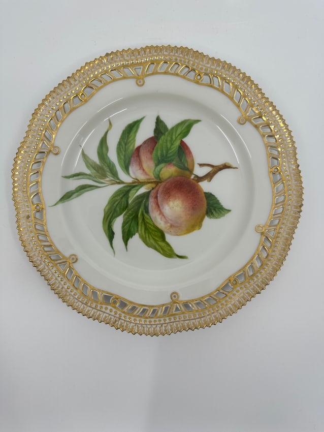 Antique Royal Copenhagen Porcelain Fruit Plate: 20th CENTURY, BLUE WAVE AND GREEN PRINTED MARKS, SHAPE NO. 3584, PATTERN NO. 429, Each finely painted with a fruit, identified in Latin on the reverse, within a pierced, 'Flora Danica' style gilt bead