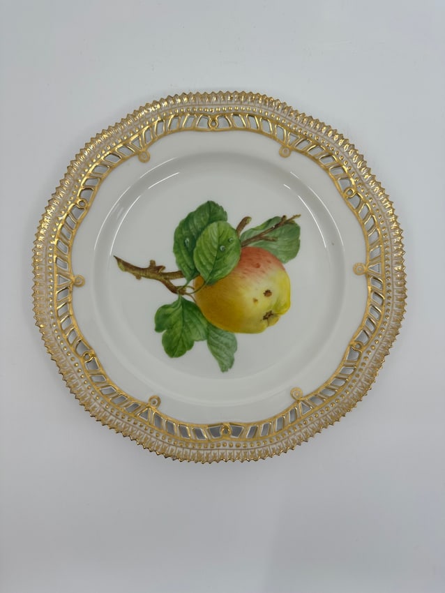Antique Royal Copenhagen Porcelain Fruit Plate: 20th CENTURY, BLUE WAVE AND GREEN PRINTED MARKS, SHAPE NO. 3584, PATTERN NO. 429, Each finely painted with a fruit, identified in Latin on the reverse, within a pierced, 'Flora Danica' style gilt bead