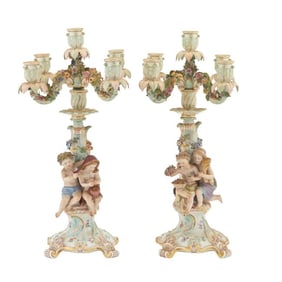 Antique Pair of Meissen Porcelain Figural Four Seasons Four-Light Candelabra
