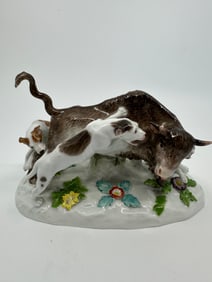Antique Meissen Cross Swords Porcelain Statue Grouping Dogs Hunting
