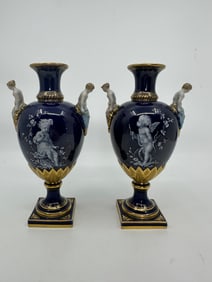 ANTIQUE MEISSEN 'LIMOGES ENAMEL' PAIR OF VASES