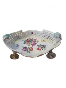 Rare Antique Meissen Porcelain pierced basket on wheels