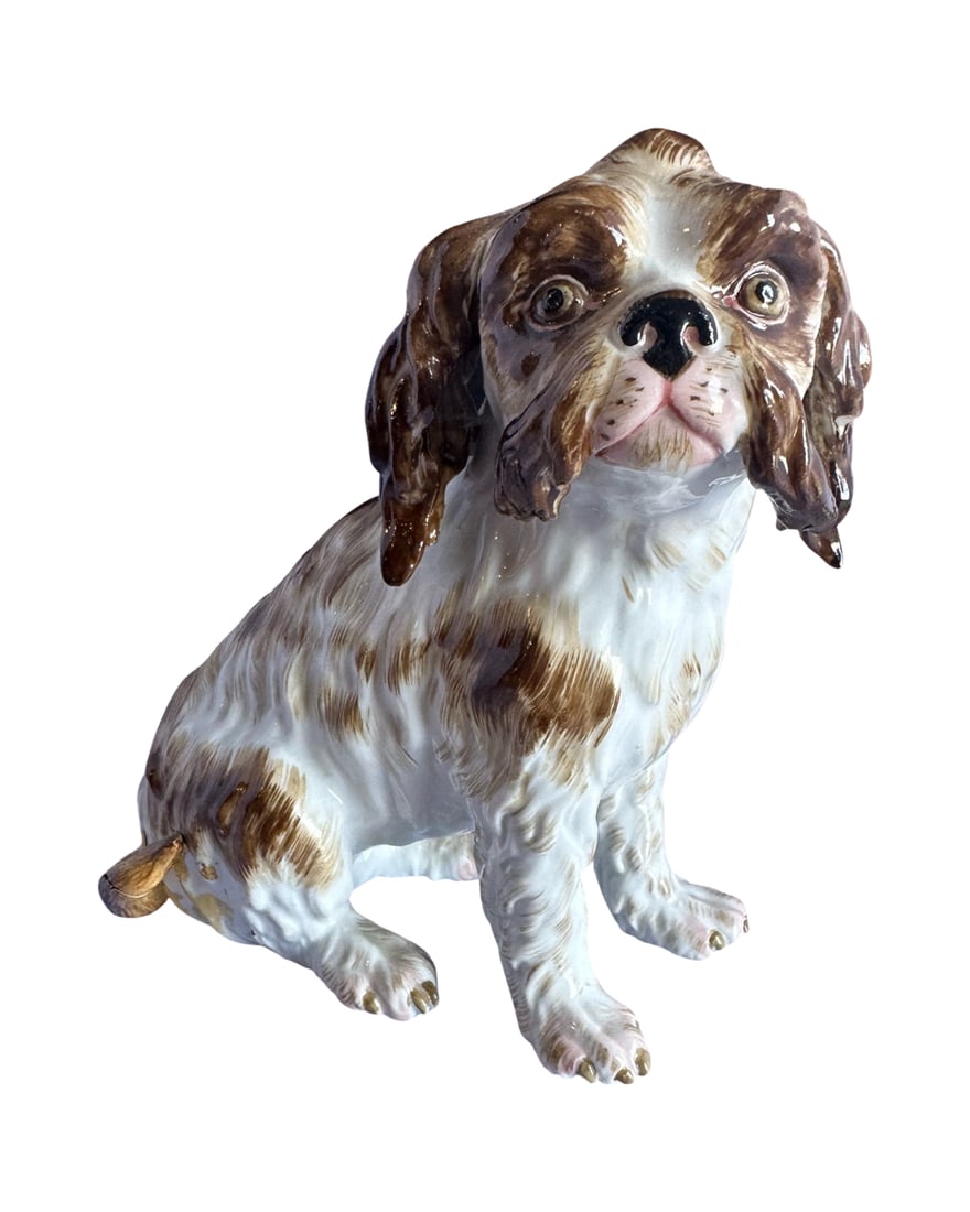 Antique Meissen Porcelain Spaniel: Meissen Porcelain Painted Spaniel Late 19th century. Blue Crossed swords mark. Ht. 6 W 5 in.