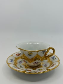 Antique Meissen B Form Strewn Flowers Gold Gilt Tea Cup & Saucer Set
