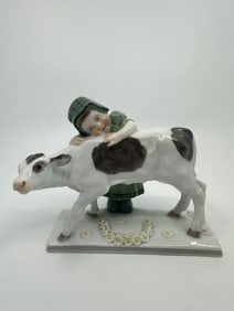 ANTIQUE ART NOUVEAU MEISSEN PORCELAIN FIGURE OF GIRL WITH COW