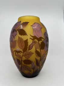 Antique Emile Galle Cameo Glass Vase with Leaves