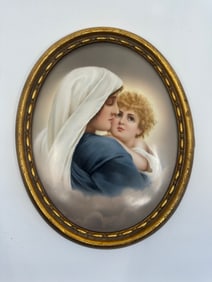 Antique Hand Painted Porcelain Oval Plaque Of Madonna And Child By Wagner