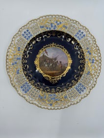 ANTIQUE MEISSEN PORCELAIN COBALT-BLUE GROUND RETICULATED CABINET PLATE