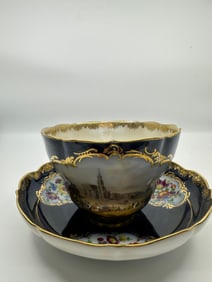 Amazing Circa 1860 HUGE Meissen Topographical Cobalt Blue Cup Saucer HP Dresden